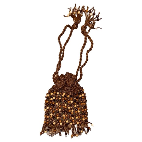 Vintage Beaded WALBORG Brown Wood Bead Women Purse Bag Fringe Handmade In Japan - Picture 8 of 12